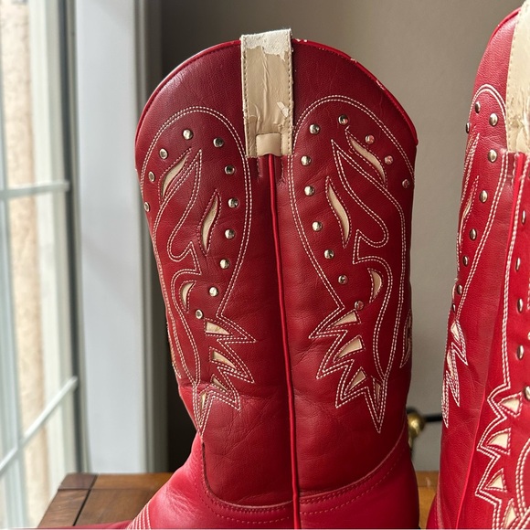 Vtg Frye Daisy Duke Studded Western Boots Women 7 M Red Snip Toe Cowboy - Picture 8 of 15